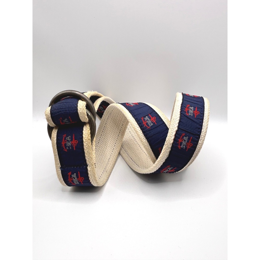 YRI Sailing Research Navy Anchor Embroidered Canvas D-Ring Belt Cream 41.5 Inch